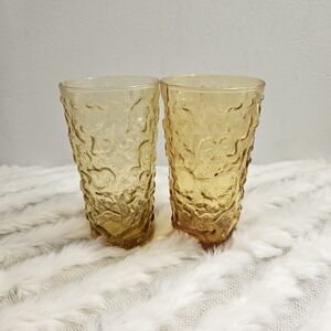 Vintage Anchor Hocking Honey Gold Crinkle Drinking Juice Set Of 2 Glass